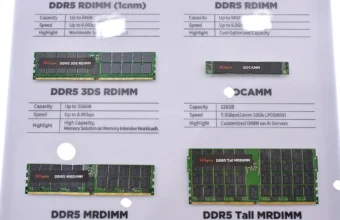 DDR5 memory modules on display at a technology trade show