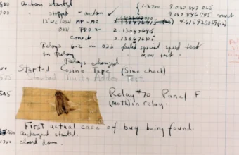 Historic logbook page showing the first recorded computer bug, illustrating testing and debugging