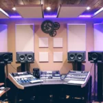 A recording studio console and digital audio workstation representing music datasets used in AI training
