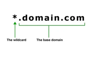A diagram showing a wildcard domain pattern, a wildcard label, and a base domain.