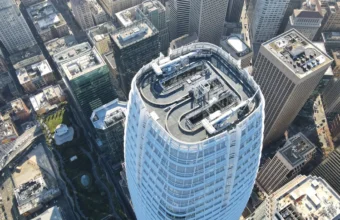 Salesforce Tower roofline photographed from below, representing CRM integrations in the Klue breach