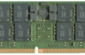 A Micron DDR5 RDIMM memory module photographed against a neutral background