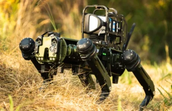 Robot dog standing outdoors representing edge computer vision workloads on OpenShift