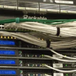 Rear of a data center rack with network cables and server hardware