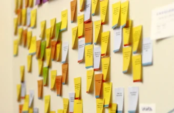 Colorful sticky notes arranged on an office wall, symbolizing governance checklists and planning.