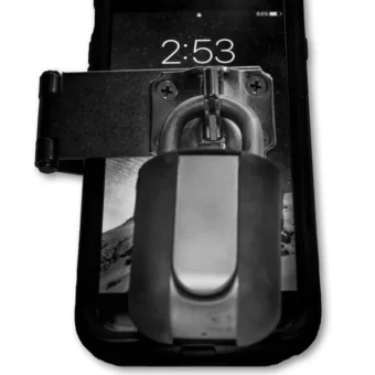 A phone secured by a padlock, illustrating AI data-leak containment and security controls.