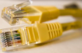 Close-up of yellow Ethernet connectors representing a secure network connection