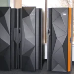IBM z13 and IBM LinuxONE Rockhopper mainframes standing side by side in a data center display