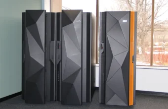 IBM z13 and IBM LinuxONE Rockhopper mainframes standing side by side in a data center display
