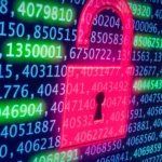 A glowing red unlocked padlock over rows of green and blue numeric data on a dark screen, representing stolen credentials exposed in a security breach