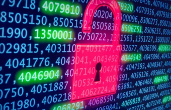 A glowing red unlocked padlock over rows of green and blue numeric data on a dark screen, representing stolen credentials exposed in a security breach
