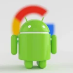 Green Android robot mascot standing in front of a blurred Google G logo, representing the Google and Epic Games Android app store antitrust case