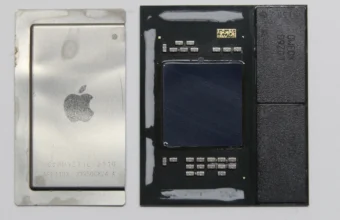 Apple M1 chip package next to its exposed silicon die on a circuit board