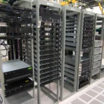 Rows of server racks in an enterprise data center