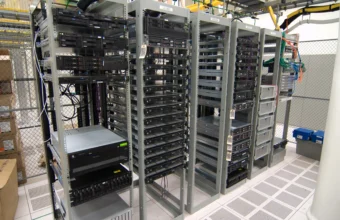 Rows of server racks in an enterprise data center