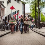 Extinction Rebellion activists march with a red XR flag and a Climate Change Is Not Cool sign through a Dutch city street