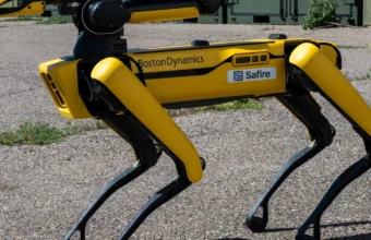 A quadruped robot dog on patrol during a U.S. Space Force security training exercise