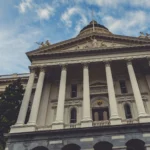 The California State Capitol building in Sacramento, exterior view of the dome and west facade