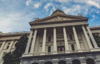 The California State Capitol building in Sacramento, exterior view of the dome and west facade