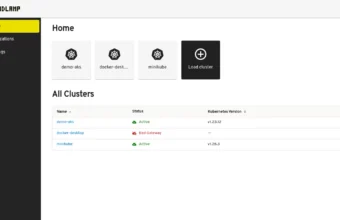 Headlamp home screen showing three connected Kubernetes clusters (demo-aks, docker-desktop, and minikube) with status and Kubernetes version columns