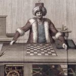1789 engraving of Wolfgang von Kempelen's "Turk" chess-playing automaton seated at its cabinet with the doors open, showing the machinery inside