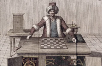1789 engraving of Wolfgang von Kempelen's "Turk" chess-playing automaton seated at its cabinet with the doors open, showing the machinery inside