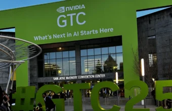 The NVIDIA GTC entrance sign reading What's Next in AI Starts Here outside the San Jose McEnery Convention Center