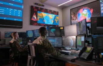 U.S. Space Force Guardians monitor workstations in an operations center at Vandenberg Space Force Base, illustrating continuous system observability.