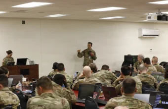 Delaware Air National Guard 1st Lt. Aaron Rosenmund teaches a cybersecurity assessment class during the Cyber Shield 2026 training exercise in Little Rock, Arkansas
