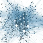 Blue and white network graph showing hundreds of connected nodes converging on a dense central hub, illustrative of the decentralized AT Protocol network that Bluesky's Attie assistant now researches