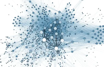 Blue and white network graph showing hundreds of connected nodes converging on a dense central hub, illustrative of the decentralized AT Protocol network that Bluesky's Attie assistant now researches
