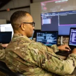 Military cyber operators monitor several computer screens showing code and network data during a cybersecurity exercise