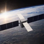3D render of a datacenter satellite with solar panel arrays orbiting above Earth, backlit by the sun
