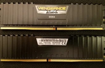 Two Corsair DDR4 RAM memory modules on a black background