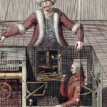 1789 engraving showing the hidden human operator inside the cabinet of The Turk, the chess-playing automaton, a public domain illustration by Joseph Racknitz