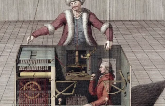 1789 engraving showing the hidden human operator inside the cabinet of The Turk, the chess-playing automaton, a public domain illustration by Joseph Racknitz