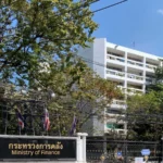 Ministry of Finance building and entrance sign in Bangkok, Thailand