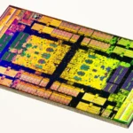 Colorful macro photograph of an AMD EPYC server processors silicon die on a white background