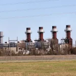 Natural gas power plant turbines and cooling infrastructure at the Sand Hill Energy Center in Texas