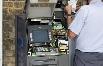 A technician's hand reaches into an open ATM, revealing exposed circuit boards, a screen, and a keypad above the machine's locked cash safe