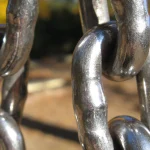Close-up photograph of interlocking polished steel chain links