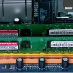 Close-up of two RAM memory modules installed in a desktop computer motherboard