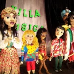 Colorful marionette puppets with visible control strings at a puppet theater stage, a visual metaphor for CSRF attacks making a browser act on hidden strings