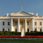 The White House North Portico and North Lawn fountain in Washington, D.C.