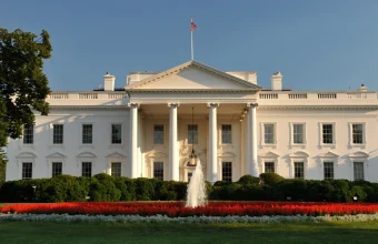 The White House North Portico and North Lawn fountain in Washington, D.C.