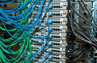 Blue and green Ethernet patch cables wired into a rack of network switches