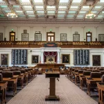The empty Texas House of Representatives chamber inside the Texas State Capitol in Austin