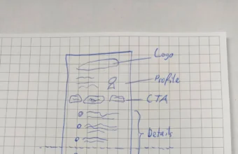 A hand-drawn UX wireframe sketch on grid paper labeling a page's Logo, Profile, CTA button, and Details sections