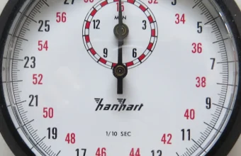 Close-up of a Hanhart mechanical stopwatch dial
