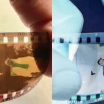 Side-by-side comparison of a raw orange-tinted 35mm film negative held up to light on the left and its color-inverted positive version on the right